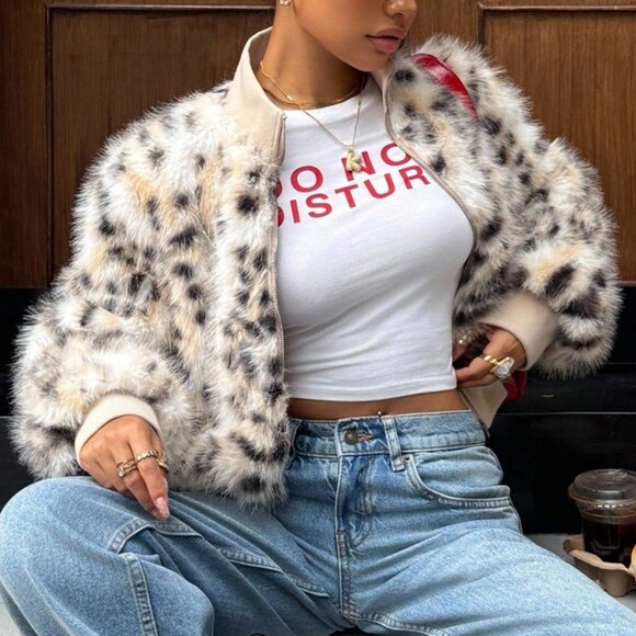 Khaki Casual Women's Leopard Animal Print Faux Fur Coat - Picture 8 of 8